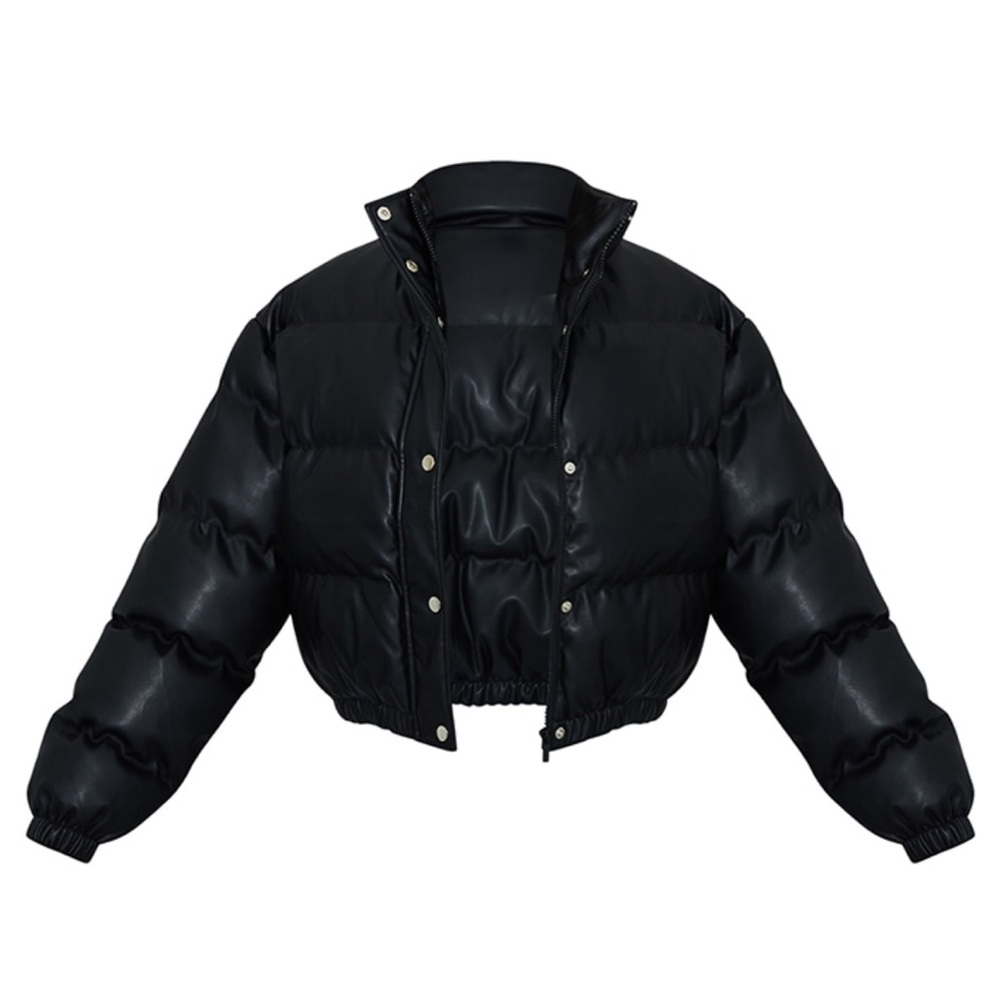 PLT Black Faux Leather Elastic Hem Bubble Puffer